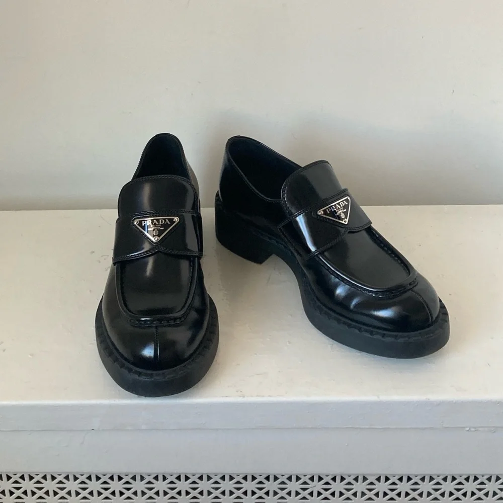 Prada Brushed Leather Black Loafers Size 38 - Picture 6 of 10